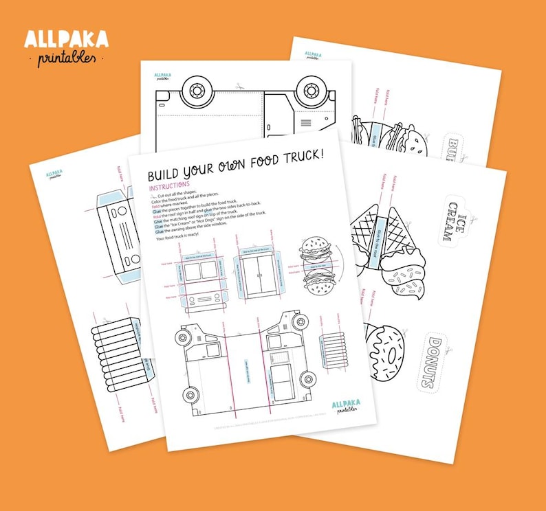 May include: A set of printable paper craft sheets titled Build Your Own Food Truck, featuring black and white line art illustrations of a truck, wheels, food items like burgers, ice cream, and donuts, with instructional text and cut lines.