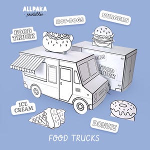 May include: Two white paper food truck models with black outlines, featuring a menu board and striped awning. Includes cut-out toppers of a hot dog, burger, ice cream cone, and donut, with text labels reading ALLPAKA printables, FOOD TRUCK, HOT-DOGS, BURGERS, ICE CREAM, DONUTS, and FOOD TRUCKS.