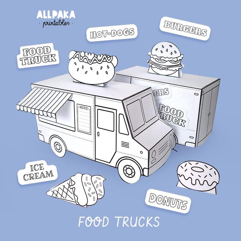 May include: Two white paper food truck models with black outlines, featuring a menu board and striped awning. Includes cut-out toppers of a hot dog, burger, ice cream cone, and donut, with text labels reading ALLPAKA printables, FOOD TRUCK, HOT-DOGS, BURGERS, ICE CREAM, DONUTS, and FOOD TRUCKS.