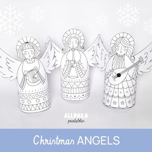 Carta da colorare con angeli di Natale stampabile – Simpatici angeli ritagliati per le feste per bambini, divertente attività festiva fai da te, DOWNLOAD IMMEDIATO
