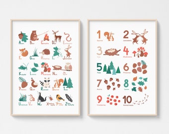 Woodland Alphabet and Numbers Set of 2 Posters, Nursery Decor, Kids Room Decor, Educational Print, Learning Wall Art, INSTANT DOWNLOAD