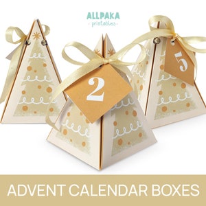 Advent Calendar Gift Boxes, DIY printables paper advent boxes, Christmas Countdown, Gold Christmas Tree Decoration, INSTANT DOWNLOAD