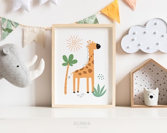 May include: A framed print of a cartoon giraffe standing in a jungle setting with a palm tree, sun, and green plants. The giraffe is orange and brown with a white background.