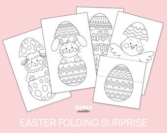 May include: Black and white printable Easter egg folding surprise craft activity.  The printable features a bunny, chick, and lamb peeking out of an egg.