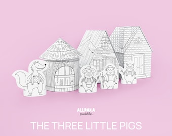 May include: Black and white printable papercraft set of The Three Little Pigs story. The set includes three pigs, a wolf, and three houses made of straw, sticks, and bricks.