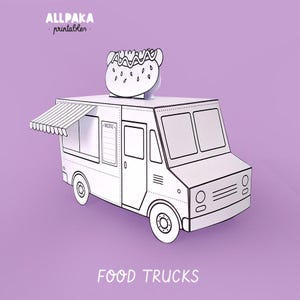 May include: A white paper craft food truck model with black outlines, featuring a hot dog sign on the roof, a striped awning, and a menu board. The text ALLPAKA printables and FOOD TRUCKS is visible. The design is intended for assembly and coloring.