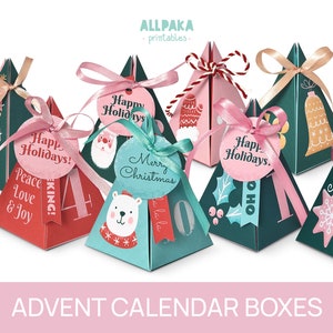 Puede incluir: Cajas de calendario de adviento de Navidad imprimibles en varios colores y diseños. Las cajas presentan ilustraciones festivas y texto como "¡Felices Fiestas!" y "Feliz Navidad".