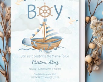 May include: Ahoy! It's a Boy baby shower invitation with a blue and white sailboat, a whale, and seagulls on a light blue background. The invitation includes the date, time, and location of the event. Please RSVP below. Cristina is registered with Babylist.