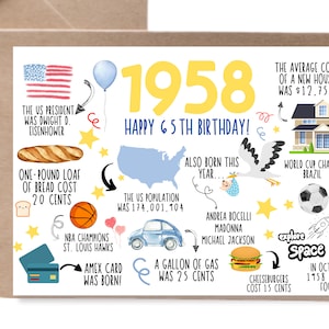 65e verjaardagskaart, geboren in 1958 Amerika verjaardagskaart, 65e verjaardagscadeau mannen, vrouwen, 65e verjaardag vader, moeder, leuke weetjes 1958 Verenigde Staten