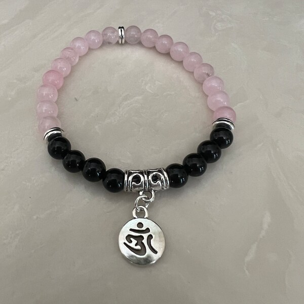 Beaded Bracelets, Rose Quartz, Black Onyx, Ohm Charm, Spiritual, Healing, Positive Energy, 6mm Gemstones, Great Gift for any Occasion too.