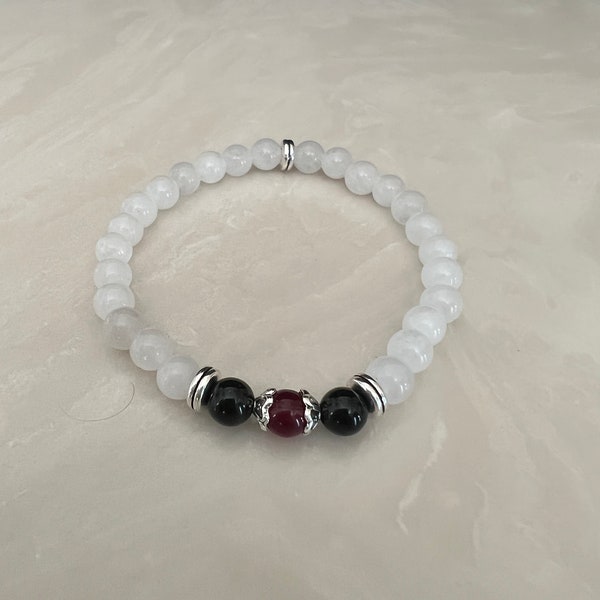 Beaded Bracelets, White Jade, Black Onyx & Red Garnet gemstones (6mm), Spiritual, Healing, Positive Energy, Wear any Occasion, Great Gift.