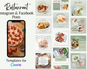 May include: A collection of 12 Instagram and Facebook post templates for restaurants. The templates feature various food items, including pizza, chicken, salad, and dessert. The templates are designed in a modern and minimalist style with a green and white color scheme. The text on the templates includes phrases like "Today's Special", "Our Famous", "Buy One Get One Free", and "Good Food, Good Mood".
