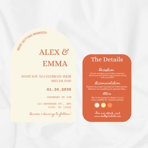 May include: Wedding invitation with a cream-colored arch design featuring the names "Alex & Emma" in a warm orange hue. The invitation includes the date, time, and location of the ceremony, along with details about the reception, accommodation, and attire.