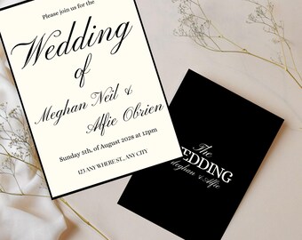 May include: Two wedding invitations. One is cream-colored with black text that reads "Wedding of Meghan Neil & Alfie Obrien" and event details. The other is black with white text that reads "The Wedding Meghan & Alfie".