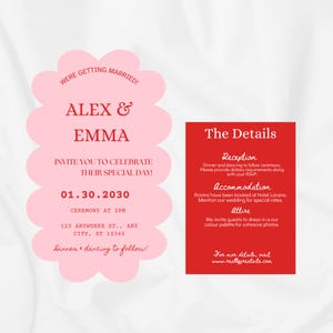 Puede incluir: Una invitación de boda rosa con borde festoneado presenta los nombres "Alex & Emma" y la fecha "01.30.2030." Una tarjeta roja separada detalla la recepción, el alojamiento y la vestimenta. También se incluye el sitio web www.reallygreatsite.com.