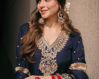 Blue Pure Chinon Silk With Embroidery Work Adorable Suit