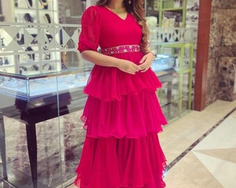 Pinkish Red Ruffled Partywear Sequence Mesmerizing Gown