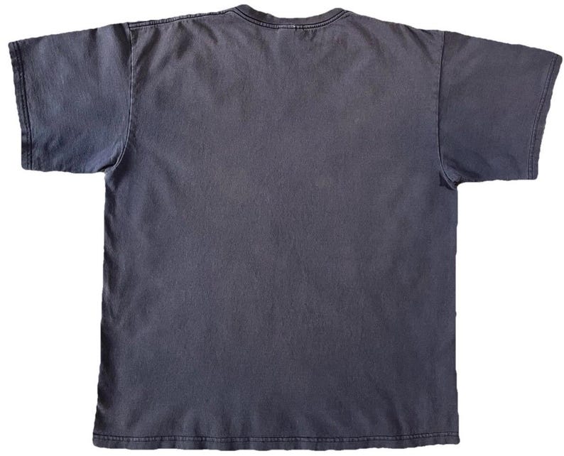 May include: A faded charcoal gray t-shirt with short sleeves. The shirt has a crew neck and a slightly worn appearance, suggesting it has been washed. The fabric appears soft and comfortable, suitable for casual wear.