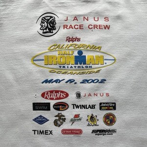 Pu&ograve; includere: Una t-shirt bianca con una grafica per il California Half Ironman Triathlon 2002 a Oceanside. Il design include il logo Janus Race Crew, la data 19 maggio 2002 e vari loghi di sponsor tra cui Ralphs, Twinlab e Gatorade.