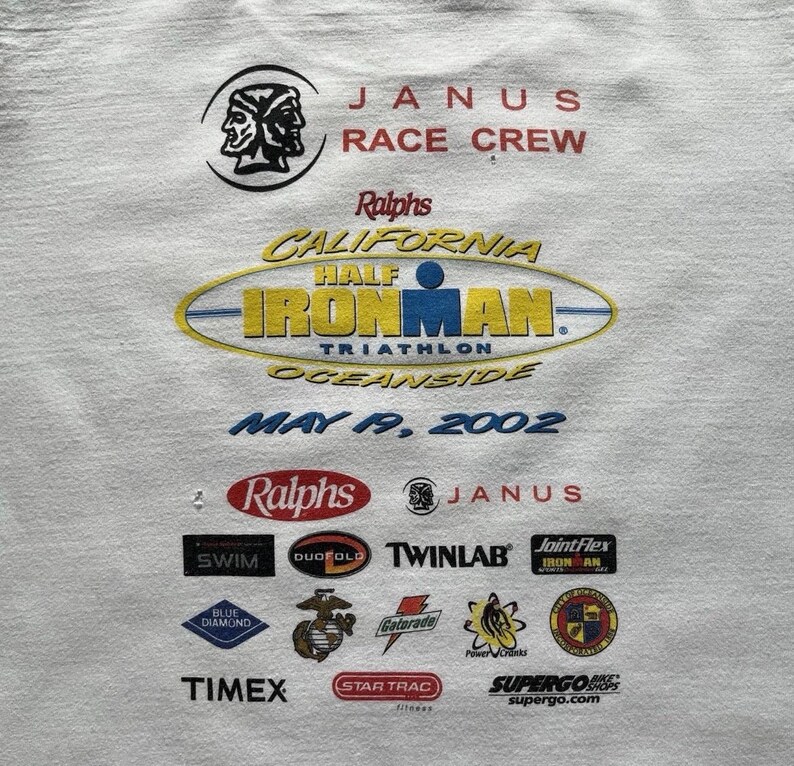 Pu&ograve; includere: Una t-shirt bianca con una grafica per il California Half Ironman Triathlon 2002 a Oceanside. Il design include il logo Janus Race Crew, la data 19 maggio 2002 e vari loghi di sponsor tra cui Ralphs, Twinlab e Gatorade.
