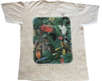 Vintage 90s Jungle Story T-Shirt XL Gray Nature Animal Single Stitch