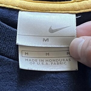 K&ouml;nnte beinhalten: Nahaufnahme eines marineblauen T-Shirt-Etiketts mit dem Nike-Swoosh-Logo. Das Etikett liest sich mehrfach "M" und "MADE IN HONDURAS OF U.S.A. FABRIC". Eine Hand h&auml;lt das Etikett.