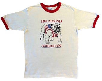 Vintage 80s Drummond American Ringer T-Shirt Medium Bulldog Single Stitch Made In USA 1980s