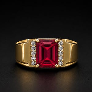May include: A gold ring featuring a large, rectangular, emerald-cut red gemstone at the center. The stone is flanked on both sides by a vertical row of five small, round, clear white diamonds set into the polished gold band.
