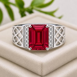 Men's Ruby Ring, Sterling Silver/14k Solid Gold Engagement Jewelry, Emerald Cut Red Gemstone, Unisex Gift