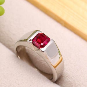 Asscher Cut Ruby Men's Ring, Sterling Silver/Solid Gold Band, July Birthstone