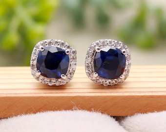 Aretes de zafiro azul, aretes de oro macizo de 14 k para mujer, piedra de nacimiento de septiembre.
