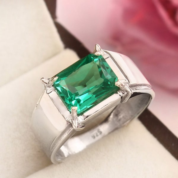 Emerald Ring Man,925 Sterling Silver/14k Solid Gold Emerald Engagement Ring For Men,7x9mm Green Gemstone Princess cut Emerald May Birthstone