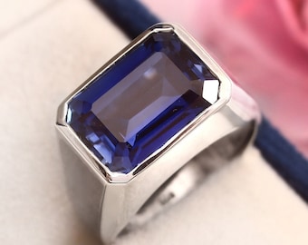 Saphir-Ring für Herren, 925er-Sterlingsilber, Smaragd-Schliff, Saphir-Verlobungsring für Herren, 8 Karat großer Saphir mit blauem Edelstein, Saphir-Geburtsstein-Geschenkring