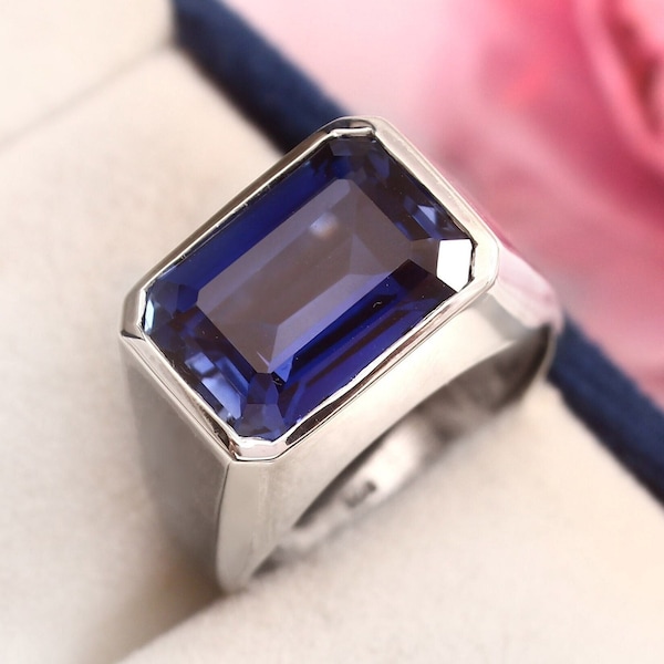 Sapphire Ring Man,925 Sterling Silver Emerald cut Sapphire Engagement Ring Men, 8ct Big Sapphire Blue Gemstone Sapphire Birthstone Gift Ring