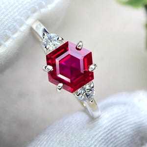 Lab Ruby Ring, Sterling Silver/Solid Gold Engagement Ring for Women, 3ct Hexagon Cut Red Gemstone, July Birthstone Jewelry