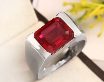 Anillo de hombre de rubí, anillo de compromiso de plata de ley 925/oro macizo de 14 k para hombre, anillo de piedra preciosa de rubí rojo de 9x11 mm y 5 quilates, joyería para hombre con piedra de nacimiento de julio