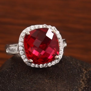 Ruby Ring, 925 Sterling Silver Ruby Anniversary ring for women, July Birthstone,12mm Cushion Checkerboard cut  Red Gemstone jewelry gift mom