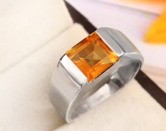 Natural Citrine Ring Men,925 Sterling Silver Citrine Engagement ring for Man, 8mm Square Gemstone November Birthstone ring, Men's Gift ring