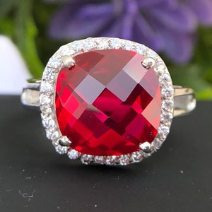 Ruby Ring, Sterling Silver Ruby Engagement ring for women, 8ct Cushion Checkerboard cut Big Red Gemstone, July Birthstone, wedding ring