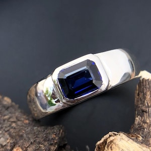 Sapphire Man ring, Sterling Silver/14k Solid Gold emerald cut Blue Sapphire Engagement ring For Men, September Birthstone Gemstone bezel set