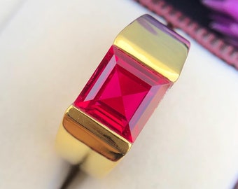 Pierścionek zaręczynowy z litego złota 14k z rubinem dla mężczyzn, obrączka ślubna męska 8 mm z 4-karatowym czerwonym kamieniem szlachetnym z okazji urodzin w lipcu, prezent dla mężczyzn