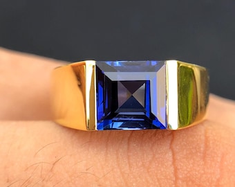 14k Solid Gold Sapphire Engagement  Ring For Man, 8mm Square cut Blue Gemstone Wedding Band Men&#39;s Gift, September Birthstone