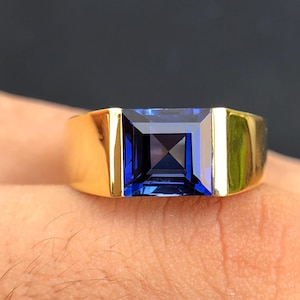 14k Solid Gold Sapphire Engagement  Ring For Man, 8mm Square cut Blue Gemstone Wedding Band Men&#39;s Gift, September Birthstone