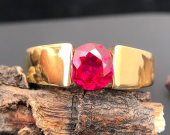 Robijnrode herenring, 925 sterlingzilver/14k massief gouden trouwring voor heren, robijnrode herenzegelring 6,5 mm, herenring cadeau jubileum