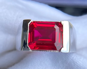 5ct Ruby Engagement Ring For men, 925 Sterling Silver Ruby men Ring, 9x11mm Red Ruby Gemstone Wedding Ring July Birthstone men's jewelry