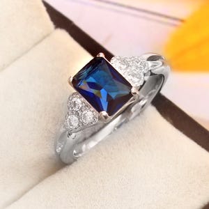Sapphire Ring, 925 Sterling Silver Engagement Ring For Woman,Radiant Cut Blue Sapphire Gemstone September Birthstone, Anniversary Gift Ring,