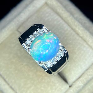Natural Opal Ring Men's, Sterling Silver Wedding Ring, 5ct fire Cut Gemstone, October Birthstone