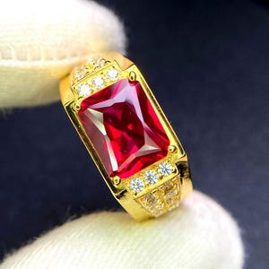 Solid Gold Ruby Ring, 9k/14k Engagement Ring Men's, Radiant Cut Red Gemstone, July Birthstone