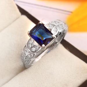 Sapphire Ring, 925 Sterling Silver Engagement Ring, September Birthstone 2ct Radiant Cut Blue Gemstone Jewelry Gift