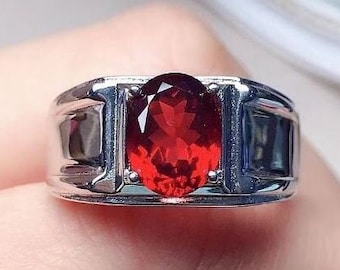 Garnet Ring Man, 925 Sterling Silver and Gold Wedding Ring For Man, 7x9mm 3ct Garnet , Red Garnet January birthstone, father&#39;s Ring